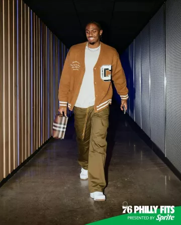 Burberry Brown Large Check Toiletry Bag worn by Tyrese Maxey on the Instagram account @sixers