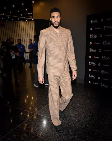 Dolce & Gabbana Beige Pinstripe Straight Suit Pants worn by Jayson Tatum on the Instagram account @celtics