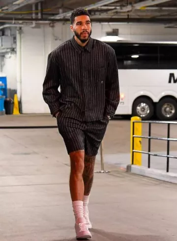 Represent Dark Grey Pinstriped Pleated Shorts worn by Jayson Tatum on the Instagram account @celtics
