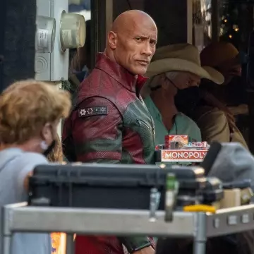 Red One Dwayne Johnson Leather Jacket worn by Dwayne Johnson on the Instagram account @justjared