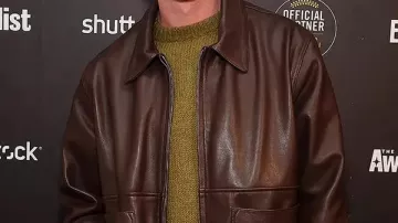 Oh Hi! Logan Lerman Brown Leather Jacket worn by Isaac (Logan Lerman) in Oh, Hi!