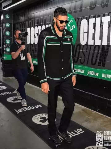 Casablanca Black & Green Stripe Crochet Shirt worn by Jayson Tatum on the Instagram account @celtics