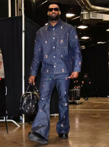 Louis Vuitton x Henry Taylor Deep Blue Portraits Flared Jeans worn by LeBron James on the Instagram account @lakers