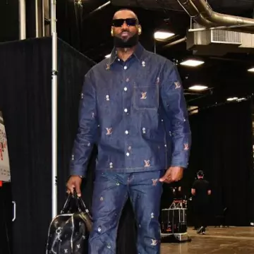 Louis Vuitton x Henry Taylor Deep Blue Portraits Denim Overshirt worn by LeBron James on the Instagram account @lakers