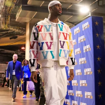 NBA All-Star Games Shai White Varsity Jacket worn by Shai Gilgeous-Alexander on the Instagram account @elsewhre_