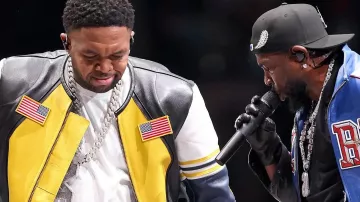 Super Bowl Halftime Show DJ Mustard Black Leather Jacket worn by Mustard in Kendrick Lamar & DJ Mustard: "Not Like Us" | Super Bowl 2025 Halftime Show Performance