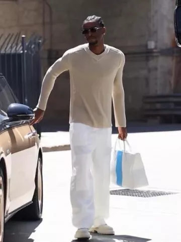 Ferragamo Beige Mesh Knit V Neck Sweater worn by Shai Gilgeous-Alexander on the Instagram account @leaguefits
