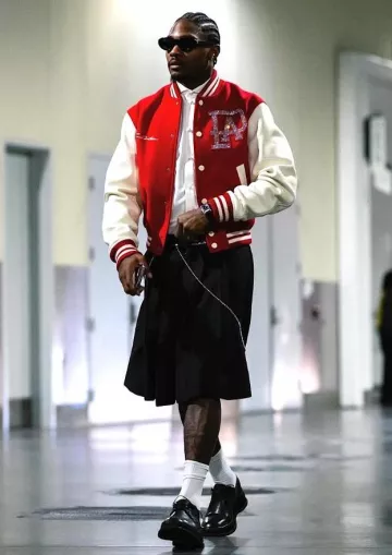 Louis Vuitton Red & White Crystal-PA Varsity Jacket worn by Stefon Diggs on the Instagram account @buffalobills