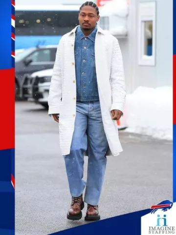 Bottega Veneta Blue Denim Print Leather Jeans worn by Stefon Diggs on the Instagram account @buffalobills