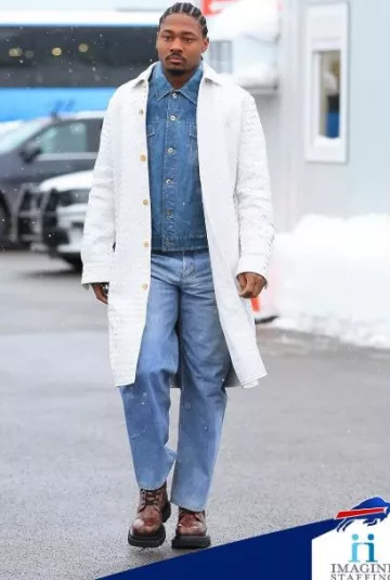 Bottega Veneta White Intrecciato Leather Coat worn by Stefon Diggs on the Instagram account @buffalobills