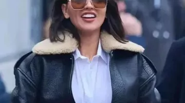 Chaqueta de piel de oveja Esme de Fountain of Youth 2025 usada por Esme (Eiza González) en Fountain of Youth