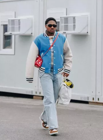 Acne Studios Sapphire Blue Wool Varsity Jacket worn by Stefon Diggs on the Instagram account @stefondiggs