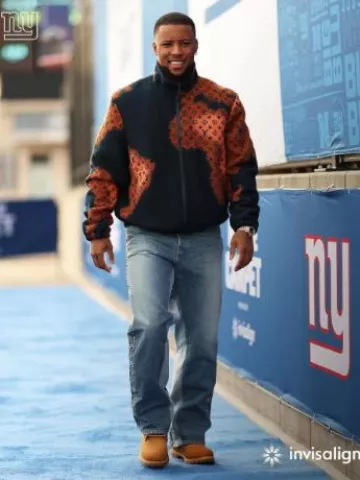 Louis Vuitton Navy & Orange World Map Jacket worn by Saquon Barkley on the Instagram account @nygiants