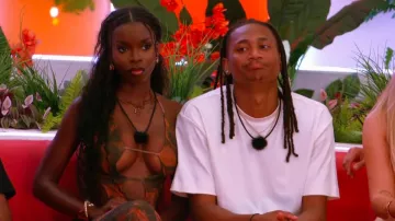 Missguided Printed Halter Neck Dropped Cut-Out Front Flare Hem Maxi Dress worn by Olandria Carthen as seen in Love Island (S07E12)