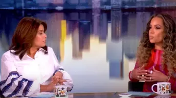 Carolina Herrera Embroidered Puff-Sleeve Button-Down Shirt worn by Ana Navarro as seen in The View on June 26, 2025