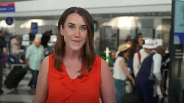 Vince Camuto Ruffle Neck Sleeveless Georgette Blouse worn by Maggie Vespa as seen in Today on June 30, 2025