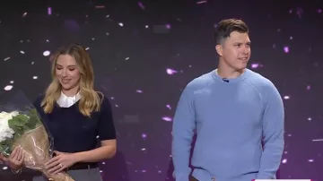 Brunello Cucinelli Ribbed Cotton Sweater in Light Blue worn by Colin Jost as seen in Today on June 30, 2025