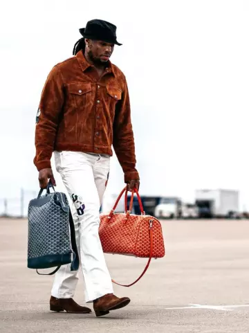 Gallery Dept. Brown Suede G Patch Jacket worn by Derrick Henry on the Instagram account @titans