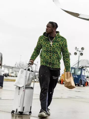 Gallery Dept. Black Paint Splatter Flared Sweatpants worn by A. J. Brown on the Instagram account @philadelphiaeagles