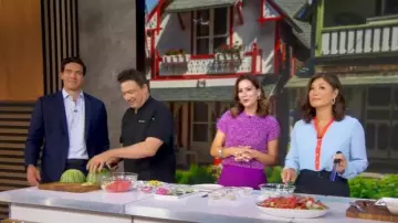 Marella Orange Trim Blouse worn by Juju Chang as seen in Good Morning America on  July 2, 2025