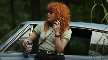 Russell Athletic 70's Vintage Soft Heather Green Ringer Baby Tee worn by Charlie Cale (Natasha Lyonne) as seen in Poker Face (S02E04)