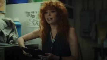 Topshop Denim Pinstripe Vest In Washed Black worn by Charlie Cale (Natasha Lyonne) as seen in Poker Face (S02E06)