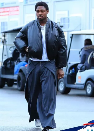 Loewe Black Puffer Leather Bomber Jacket worn by Stefon Diggs on the Instagram account @buffalobills