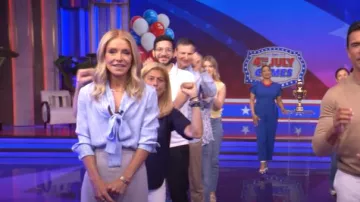 Valentino Garavani Toile Iconographe Silk Jacquard Blouse worn by Kelly Ripa as seen in LIVE with Kelly and Mark on July 2, 2025