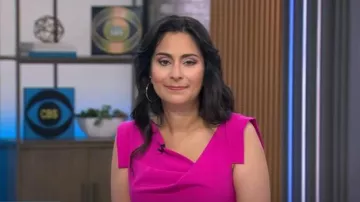 Black Halo Jackie O Sheath Dress in Vibrant Pink worn by Celine Gounder as seen in CBS Mornings on July 2, 2025