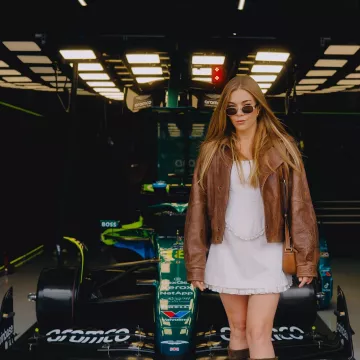 F1 Silverstone Becky Hill Brown Distressed Leather Jacket worn by (Becky Hill) in beckyhillofficial