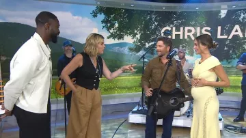 Self Portrait Knit Lace Insert Midi Dress worn by Lauren Lane as seen in Today with Jenna & Friends on July 8, 2025