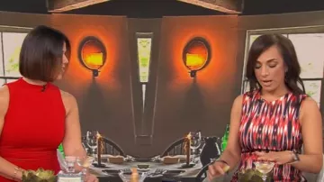 Calvin Klein Printed Scuba Sheath Dress worn by Michelle Miller as seen in CBS Mornings on July 6, 2025