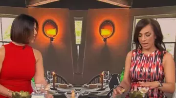 Calvin Klein Printed Scuba Sheath Dress worn by Michelle Miller as seen in CBS Mornings on July 6, 2025
