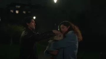 LK Bennett Esme Pale Blue Italian Wool Faux Fur Coat worn by Jessica Salmon (Megan Stalter) as seen in Too Much (S01E02)