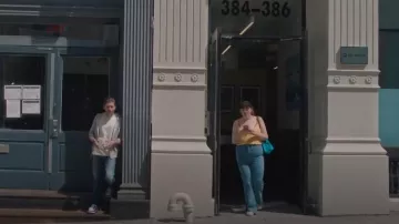 NastyGal Metallic Stripe Side Seam Detail Denim Flare Pants worn by Jessica Salmon (Megan Stalter) as seen in Too Much (S01E05)