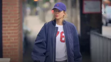 Ganni Blue Twill Oversized Bomber Jacket worn by Olivia Attwood as seen in Olivia Attwood: The Price of Perfection (S02E03)