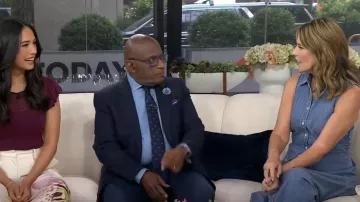 Veronica Beard Fuller Denim Midi Vestido usado por Savannah Guthrie como se ve en Today el 11 de julio de 2025