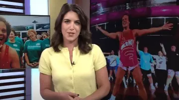 Kimuchi Blue Rachel Short Sleeve Cardigan worn by Liz Kreutz as seen in Today on July 11, 2025