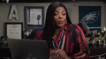 Karl Lagerfeld Paris Oversized Geo-Printed Satin Shirt worn by Ava Coleman (Janelle James) as seen in It's Always Sunny in Philadelphia (S17E01)