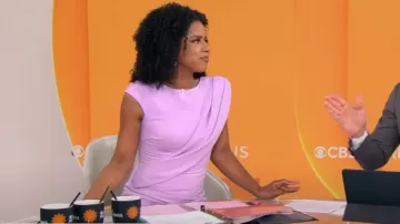 Badgley Mischka Twist Shoulder Drape Midi Dress worn by Adriana Diaz as seen in CBS Mornings on July 17, 2025