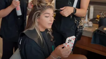 Velvet Caviar White Cherry Print iPhone Case used by Gia Giudice as seen in Next Gen NYC (S01E06)