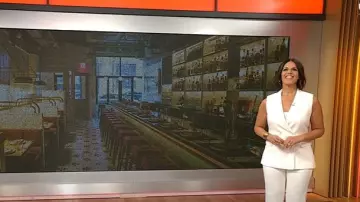 Elie Tahari Fit & Flare Pant in Foam worn by Dana Jacobson as seen in CBS Mornings on July 20, 2025