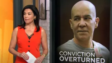 Gilet long Madewell Cutaway en Red Flame porté par Meg Oliver comme on le voit dans CBS Mornings le 22 juillet 2025