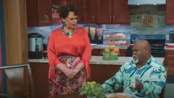 Vince Camuto Printed Front Tie Party Midi Skirt worn by Cora (Tamela Mann) as seen in Tyler Perry's Assisted Living (S06E02)
