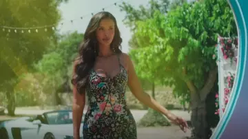 Roberto Cavalli Black Floral Embroidered Print Slik Dress worn by Maya Jama as seen in Love Island (S12E01)