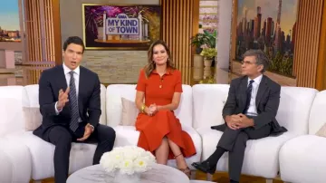 Robe chemise coquelicot en tricot de crêpe Scanlan Theodore portée par Rebecca Jarvis telle que vue dans Good Morning America le 28 juillet 2025