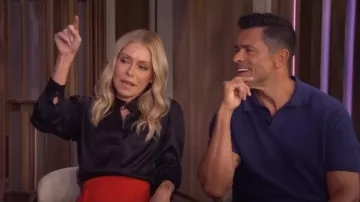 Saint Laurent Monogram Silk Jacquard Blouse worn by Kelly Ripa as seen in LIVE with Kelly and Mark on July 28, 2025