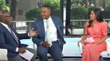 LK Bennett Valerie Petite Soft Pink & Red Swirl Print Shirt Dress worn by Kaylee Hartung as seen in Today on July 28, 2025