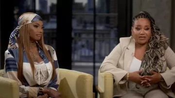 Fendi Blue Silk Shirt with Patchwork Print worn by Sandra Denton as seen in Good Morning America on August 4, 2025