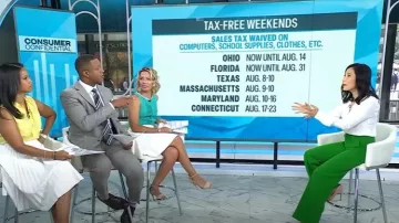 Aqua Wide Leg Pants worn by Vicky Nguyen as seen in Today on August 4, 2025